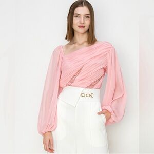 NWT Chiffon Pleated Ballon Sleeve Blouse in Pink, with Sequins & Beads Details.